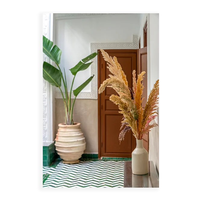 Au cœur du lobby du Riad Ilyan, un vase en terre cuite emblématique de Marrakesh, sublimé par une végétation raffinée, apporte une touche authentique autour de la piscine du patio.